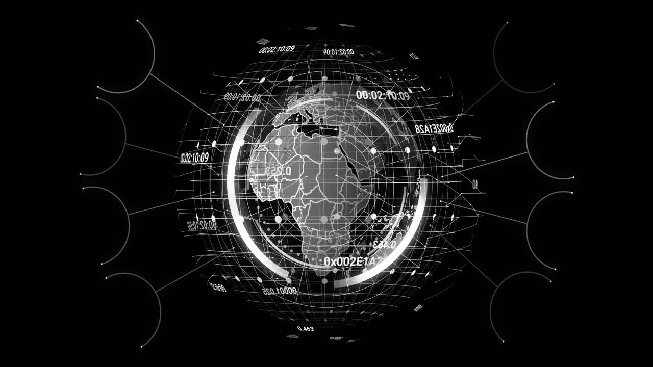 Animation of globe with data processing on black background