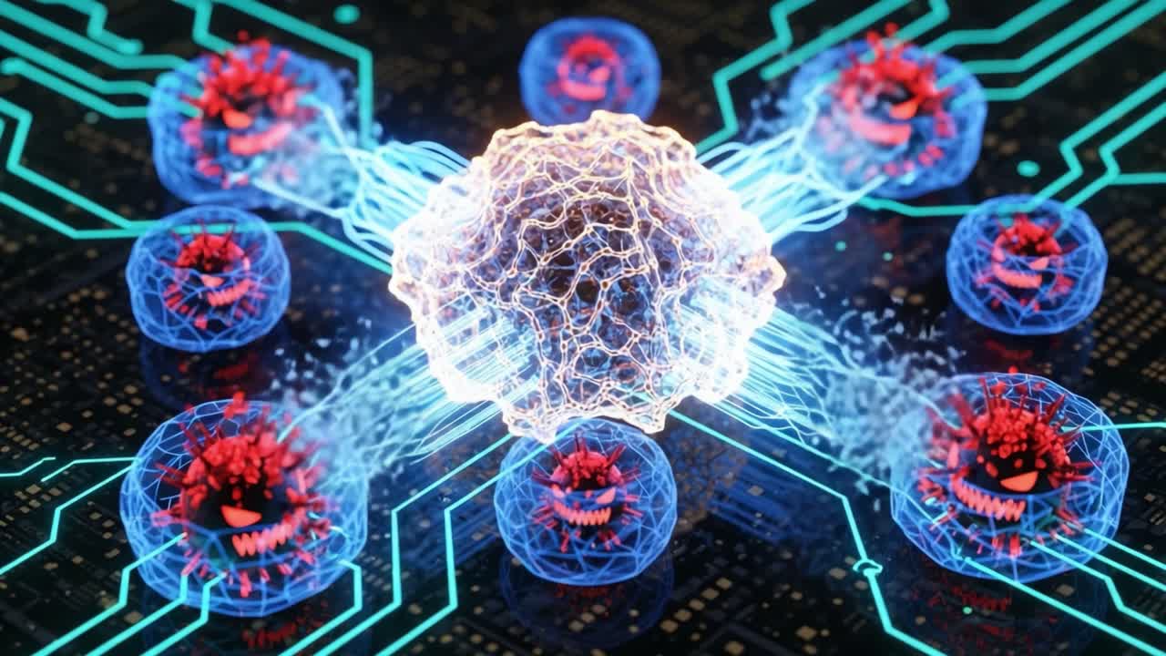 A Futuristic Representation of Cellular Interactions Featuring a Central Entity Surrounded by Virus-Like Structures, Highlighting the Complex Dynamics of Microbial Behaviors and Digital Interfaces