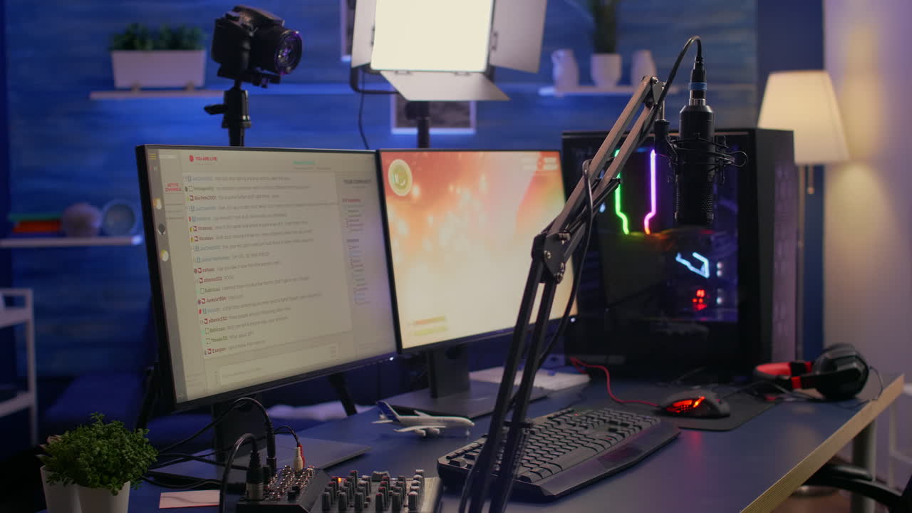 Close-up of streaming chat in empty gaming studio