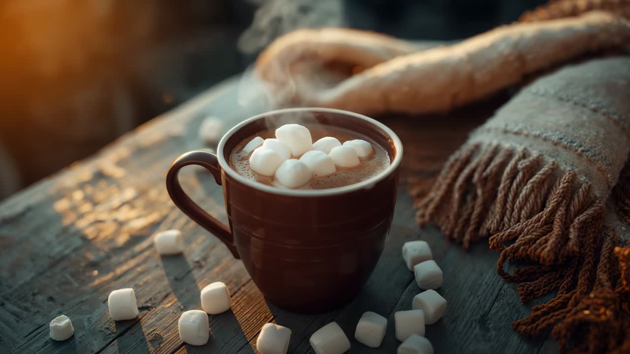 Rising steam from hot chocolate mug topped with mini marshmallows near scarf on table at home