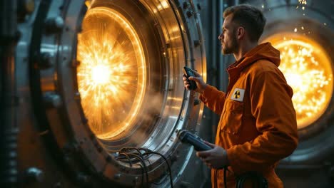 nuclear engineer clad in a radiation suit, skillfully operating a plasma fusion reactor with a remote control in a high tech laboratory