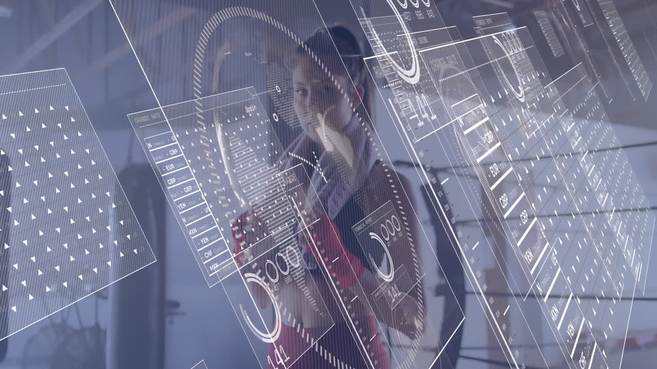 Woman analyst interacting with gym holographic interface showing currency charts, triangle overlays