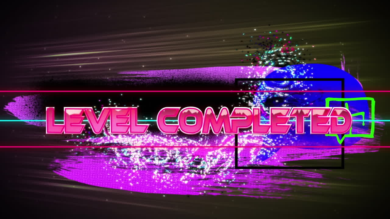 갈색 바탕에 빛의 흔적에 대한 추상적인 배너 위에 레벨 완료 텍스트의 애니메이션.