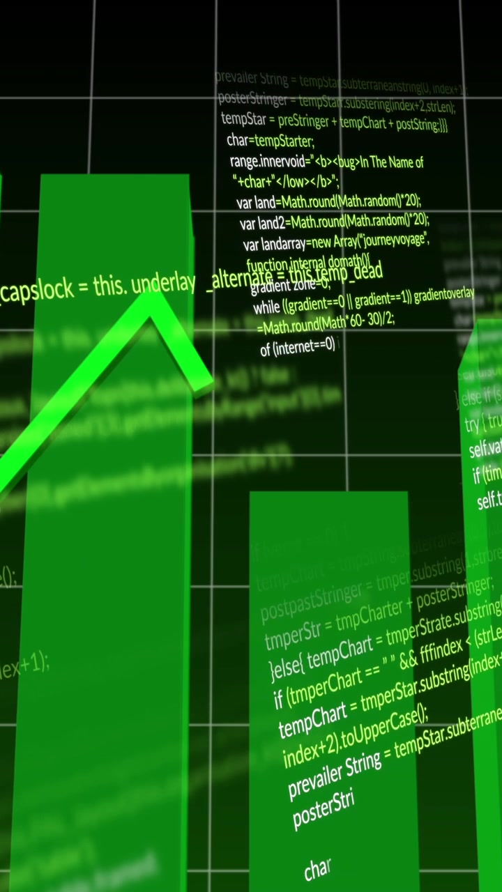 Animation of green line and financial data processing over dark background