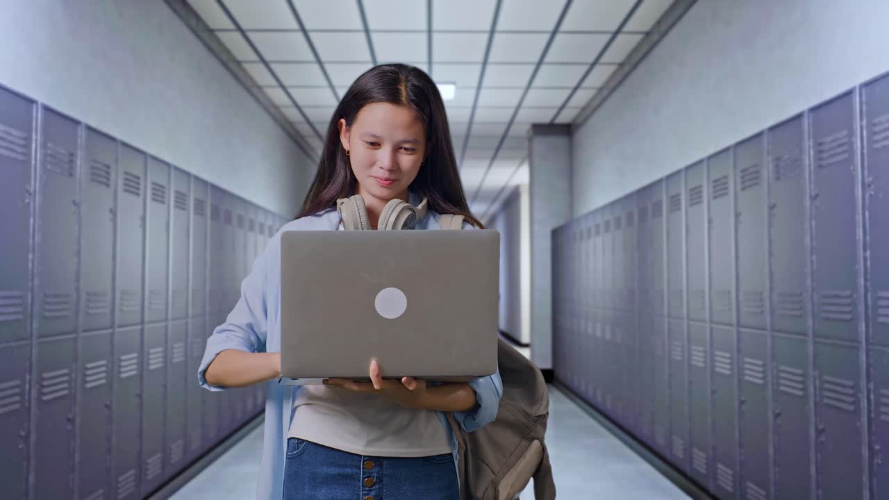 estudiante adolescente asiática con una mochila usa una computadora portátil y celebra mientras está de pie en el pasillo