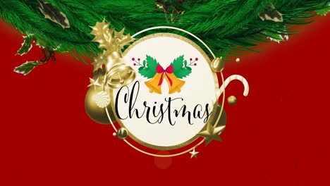 Animation-of-gold-decorations-around-christmas-text-over-fir-and-holly-leaves-on-red-background