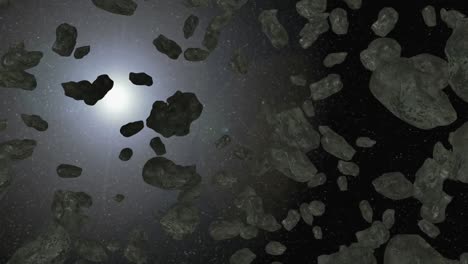 3d animation of asteroid belt in space