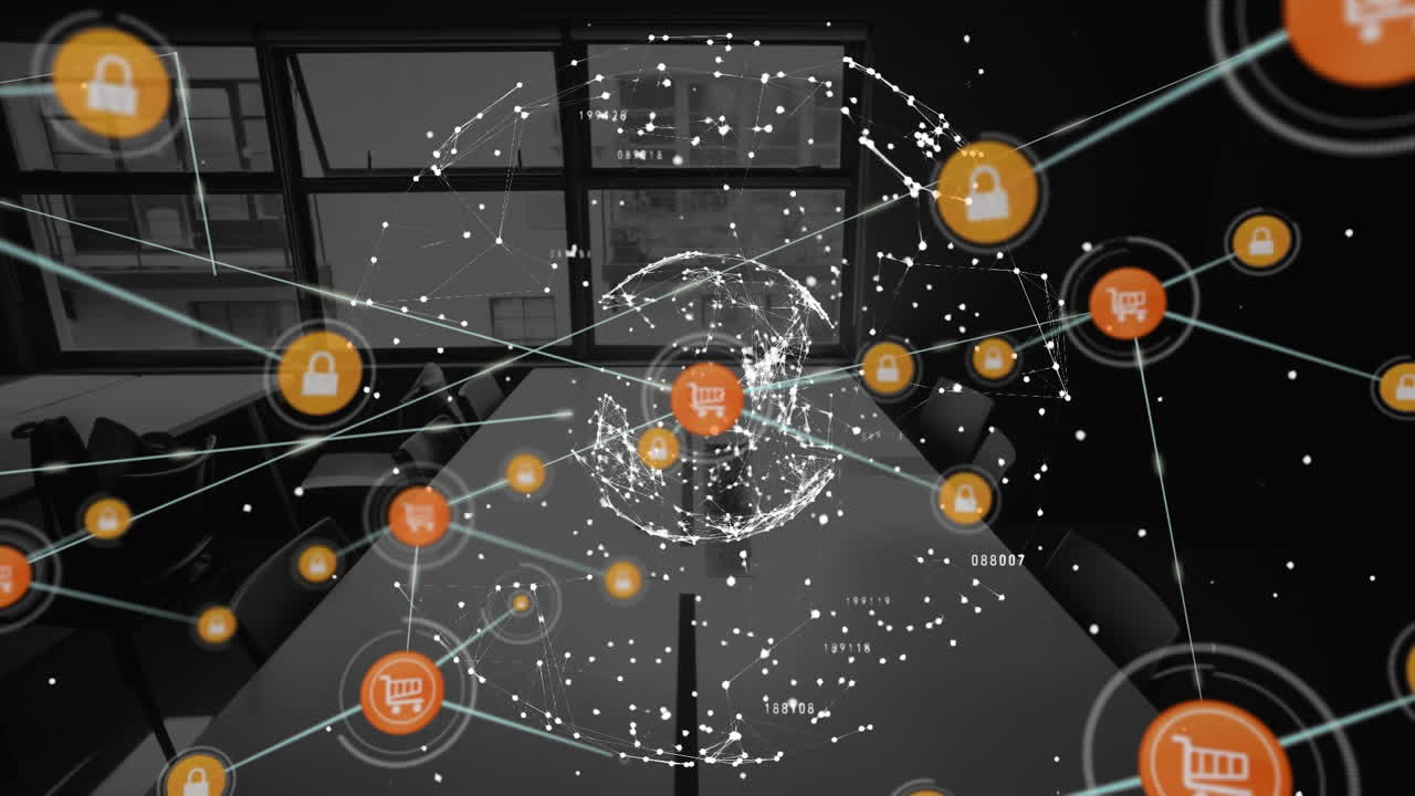 animación de la red de conexiones con iconos sobre el paisaje urbano