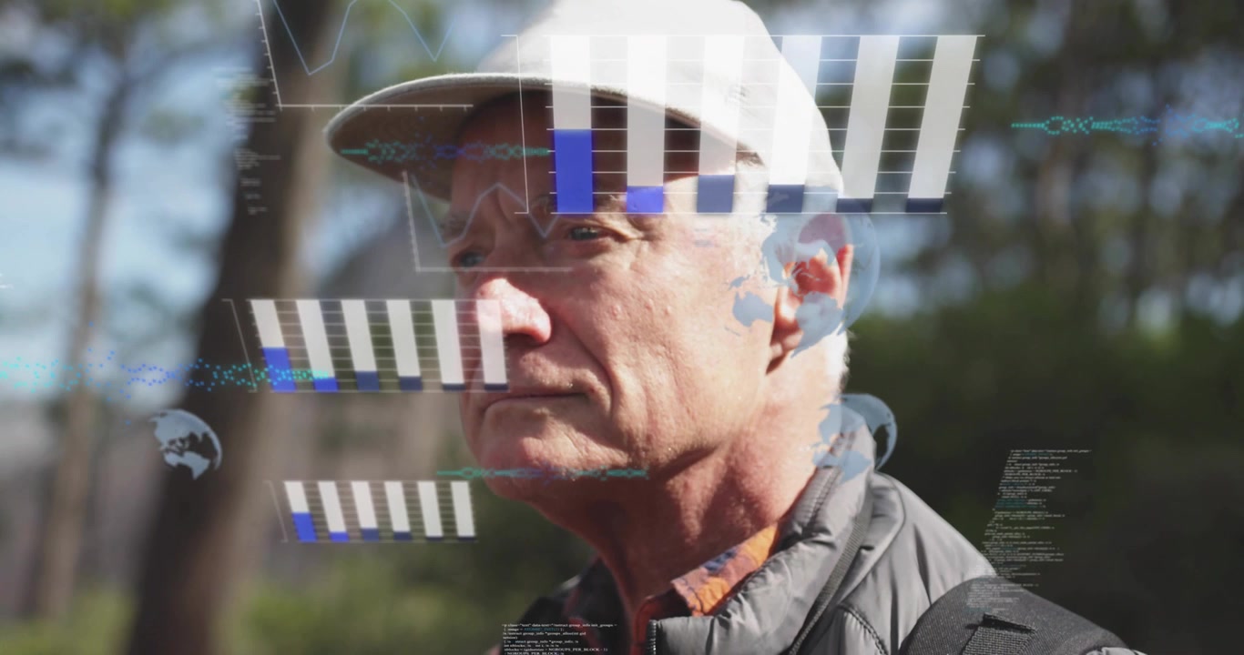 Senior man gazing into forest, initiating AR bar charts, map and data streams for technology demo