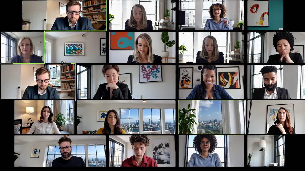 Grid-style video call with diverse professionals in home offices