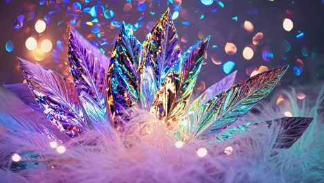 iridescent artificial leaves are glowing over soft white feathers with a beautiful bokeh effect made with colorful lights, creating a festive and glamorous atmosphere