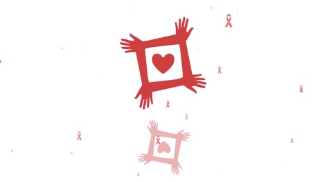 Animation-Von-Händen-Mit-Herz--Und-Krebsband-Symbolen-Auf-Weißem-Hintergrund