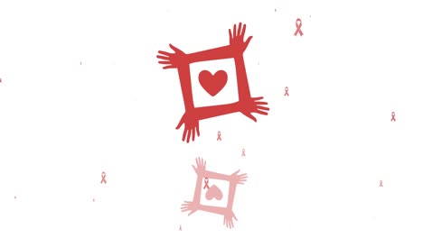 animación de manos con iconos de cintas de corazón y cáncer sobre fondo blanco