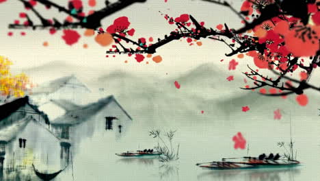 Mysterious-landscape-China's-traditional-Oriental-Digital-Art-animation,-Chinese-retro-painting-ink-misty-mountain-with-flowers,-tree,-birds,-river-in-fog-background