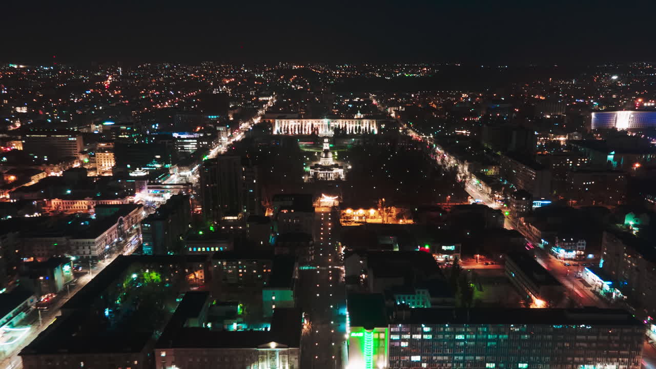 Aerial drone hyperlapse timelapse of Chisinau city landmarks. Arch of Triumph, The Cathedral of Christ's Nativity, Government House building