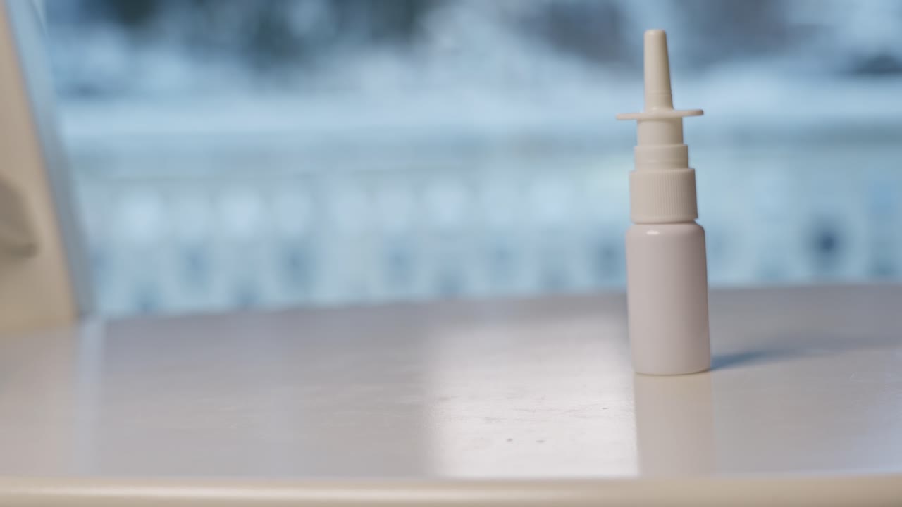 Frasco de spray nasal empujado y cayendo sobre una mesa de superficie blanca, a cámara lenta