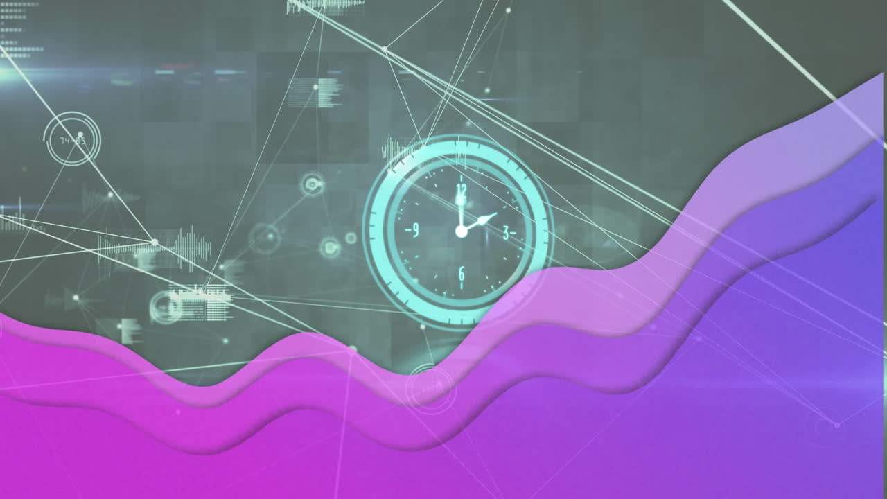 animación del reloj moviéndose rápido sobre la onda púrpura y la red de conexiones