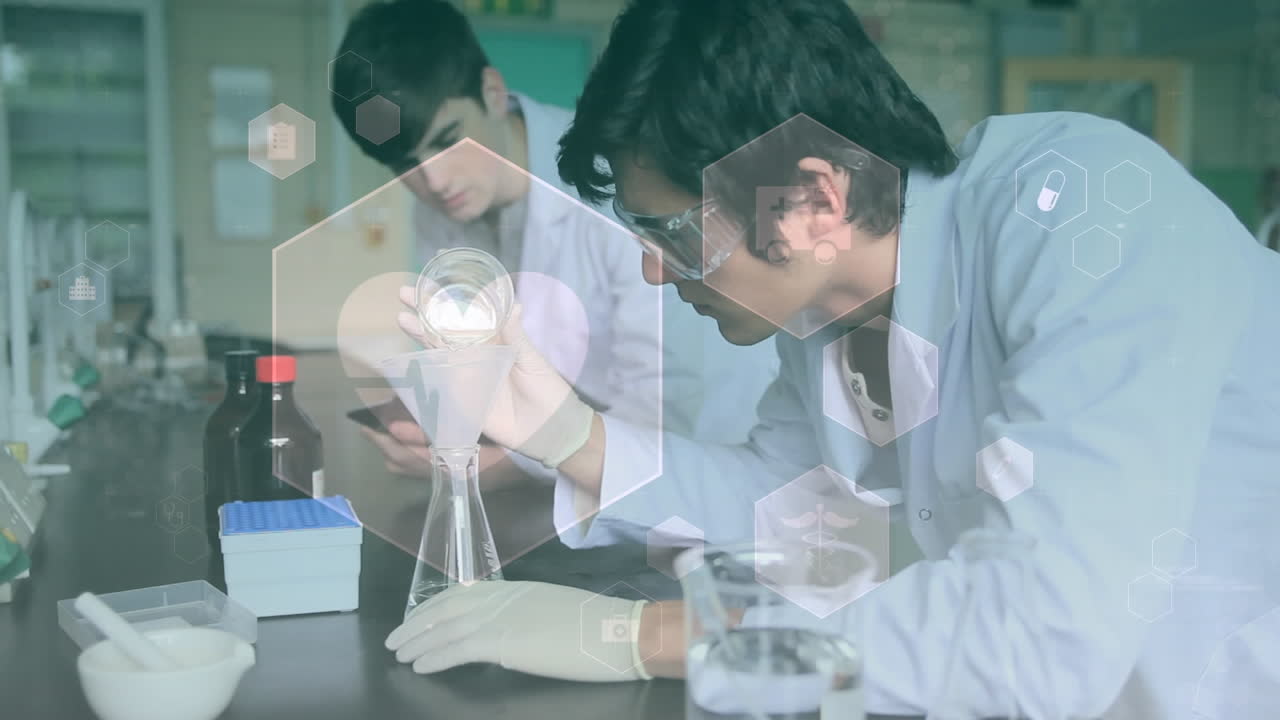 육각형 모양의 애니메이션에 대한 실험을 수행하는 과학자