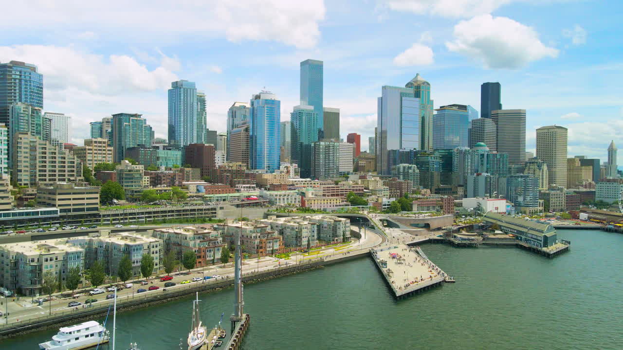 Drone shoot Seattle Downtown near Lakefront and Aquarium. Aerial View of Seattle city