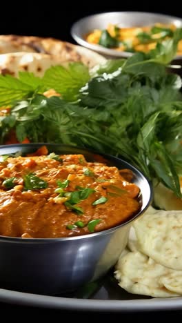 delicious indian curry served with naan and fresh herbs on a plate