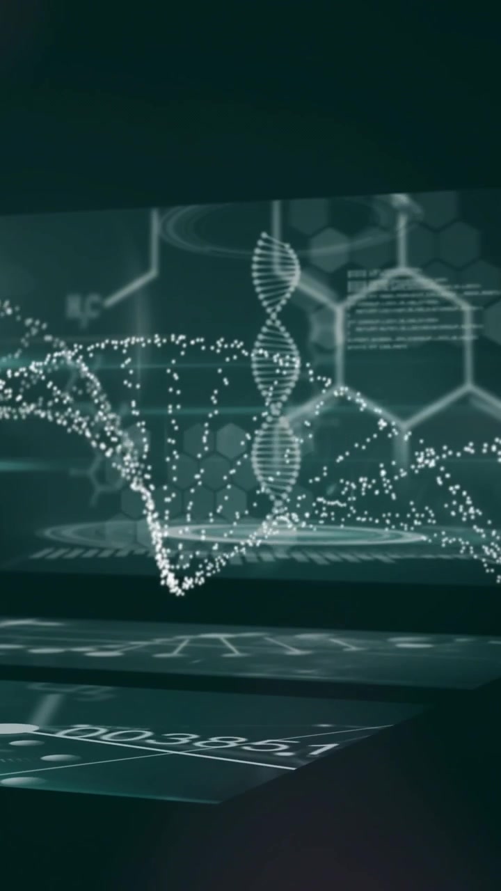 DNA strand animation over scientific data processing screens