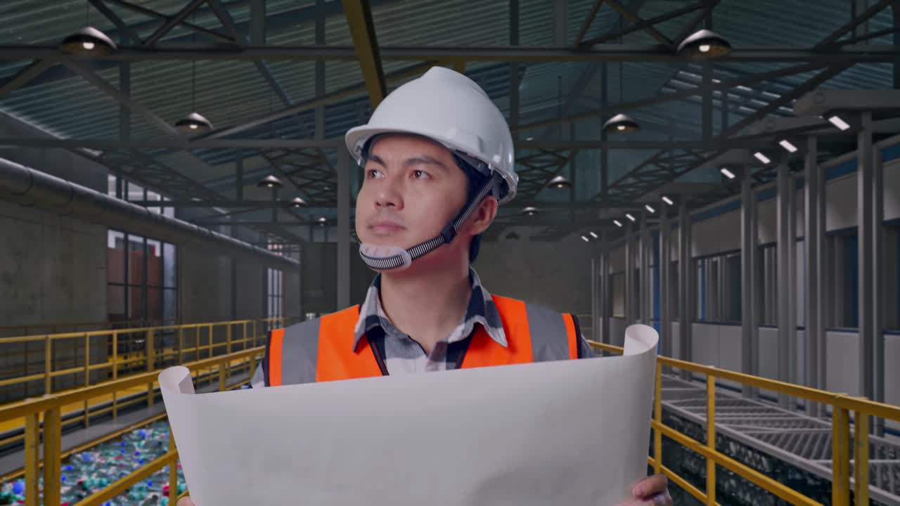 Vista frontale di un ingegnere asiatico che guarda una planimetria tra le mani mentre cammina e ispeziona le operazioni di un impianto di riciclaggio della plastica con un nastro trasportatore di bottiglie.