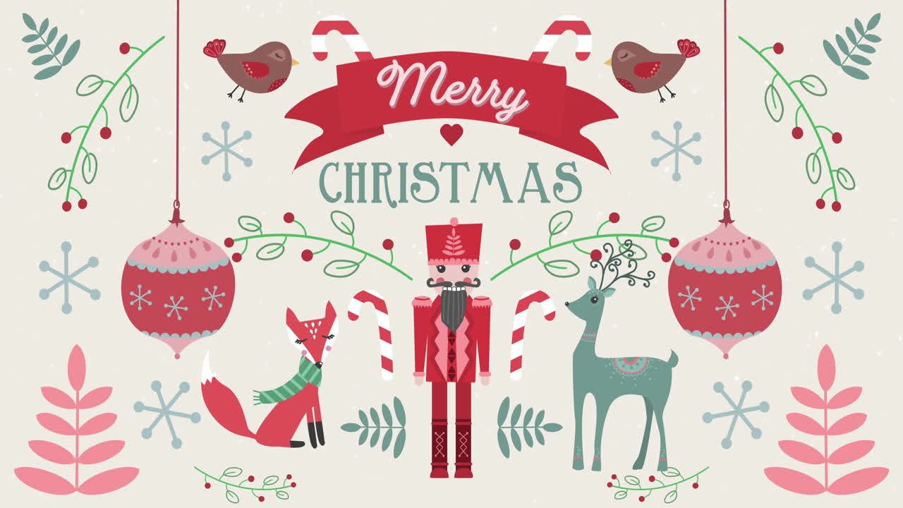 Animation of Merry Christmas words with animals on Christmas decorations background