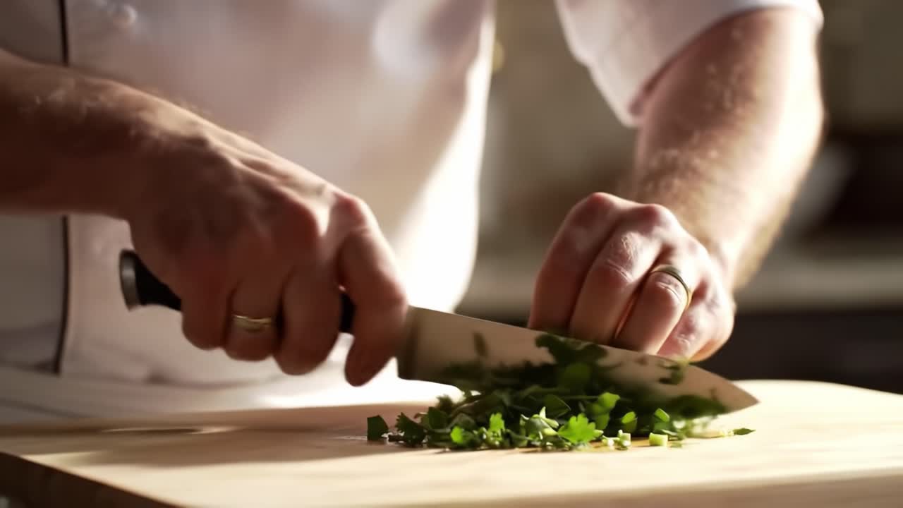 Precision and Culinary Artistry: A Chef Expertly Dicing Fresh Herbs on a Cutting Board in a Bright Kitchen Setting