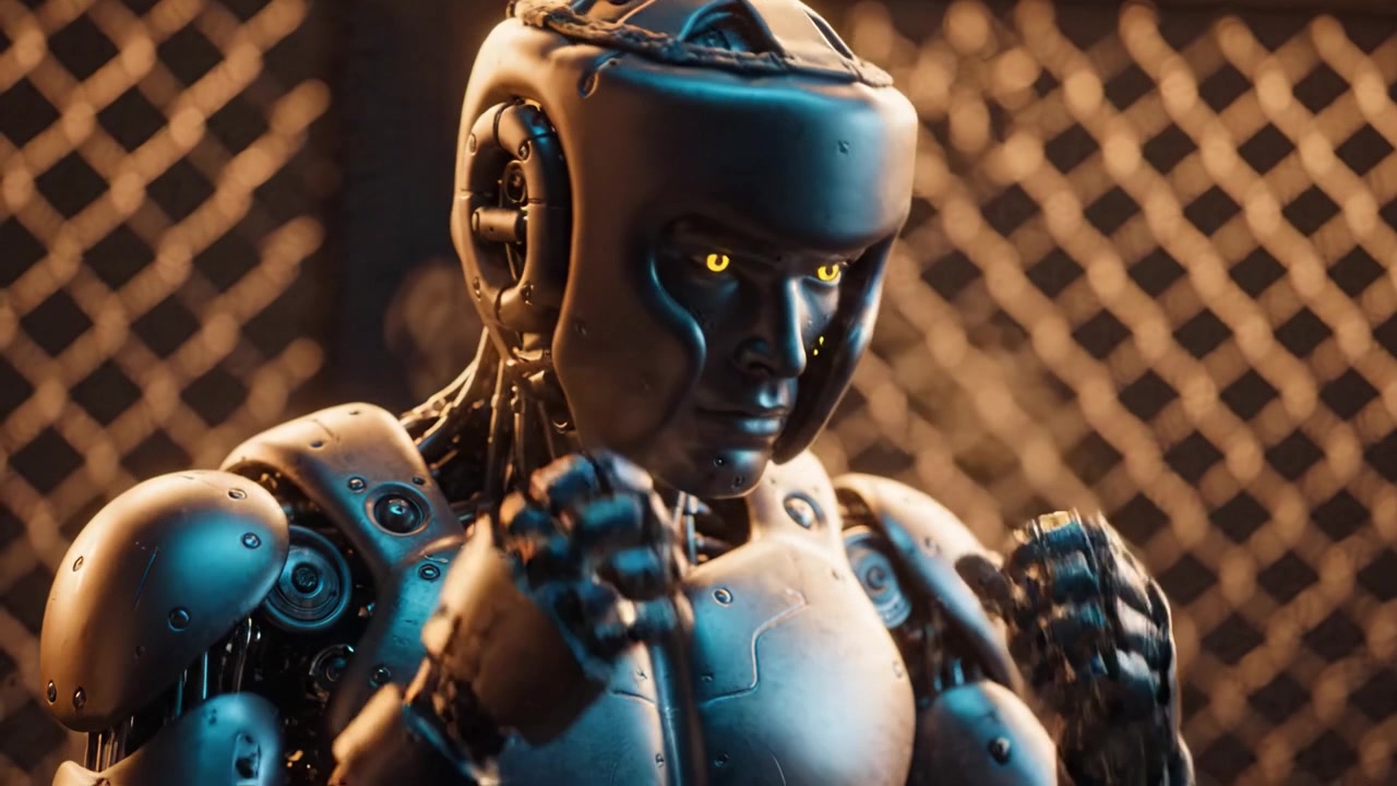 Parlayan gözlere sahip gelişmiş insansı robot, yüksek teknolojili bir ortamda etkileşim için hazırlanıyor; karmaşık mekanik tasarımı ve fütüristik unsurları sergiliyor.