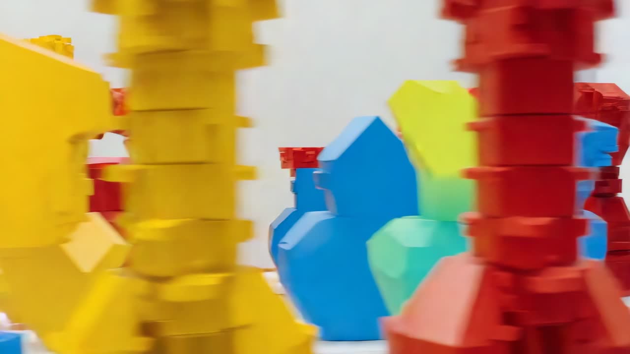 Panning camera moving across art gallery showing abstract sculptures in yellow red blue green