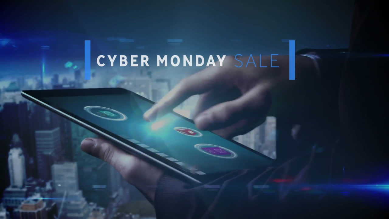 Animazione di saldi Cyber Monday su persona che usa un tablet con sfondo di paesaggio urbano