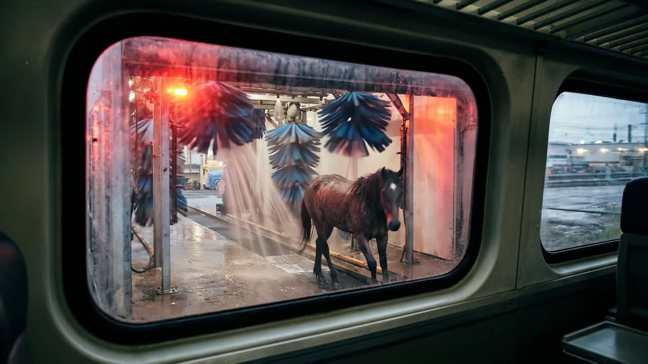 Caballo caminando a través de un lavado de coches automático visto desde la ventana de un tren