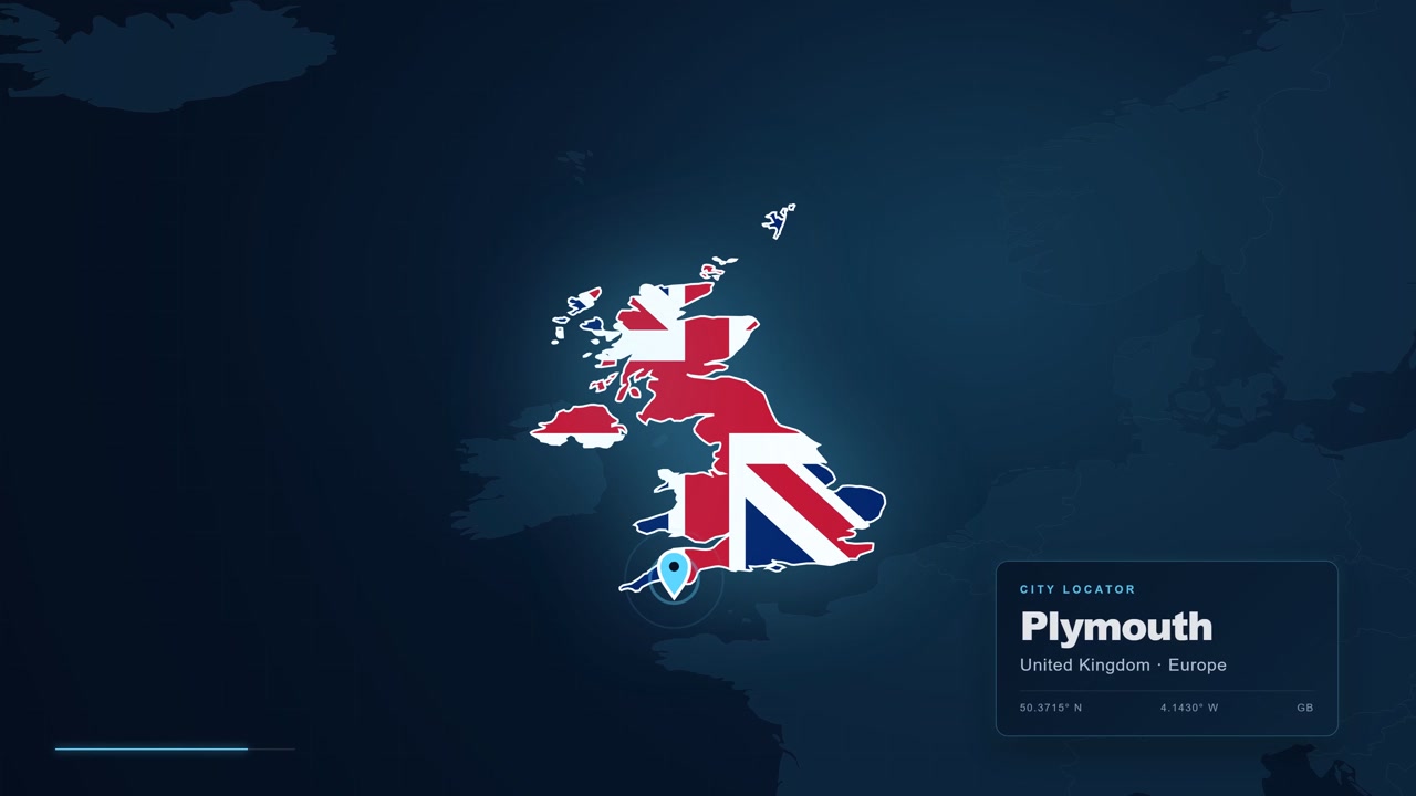 Filmato di mappa digitale che ingrandisce per evidenziare la città di Plymouth nel Regno Unito, Europa, con un segnaposto e un localizzatore geografico visualizzati