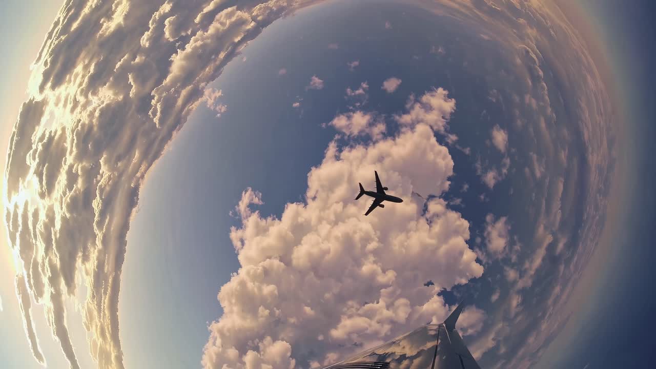 Aerial video captures a plane flying above clouds with a fisheye lens, creating a surreal, circular