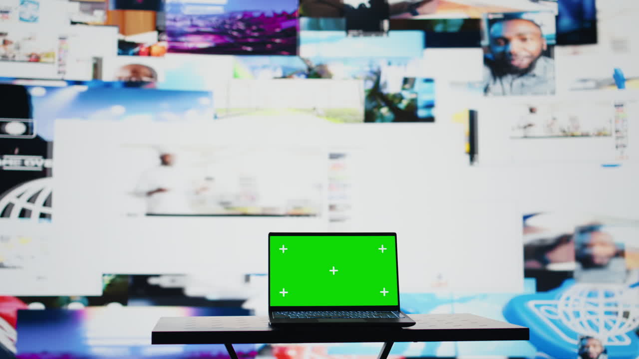 Screen running copy space mockup on laptop next to social network apps