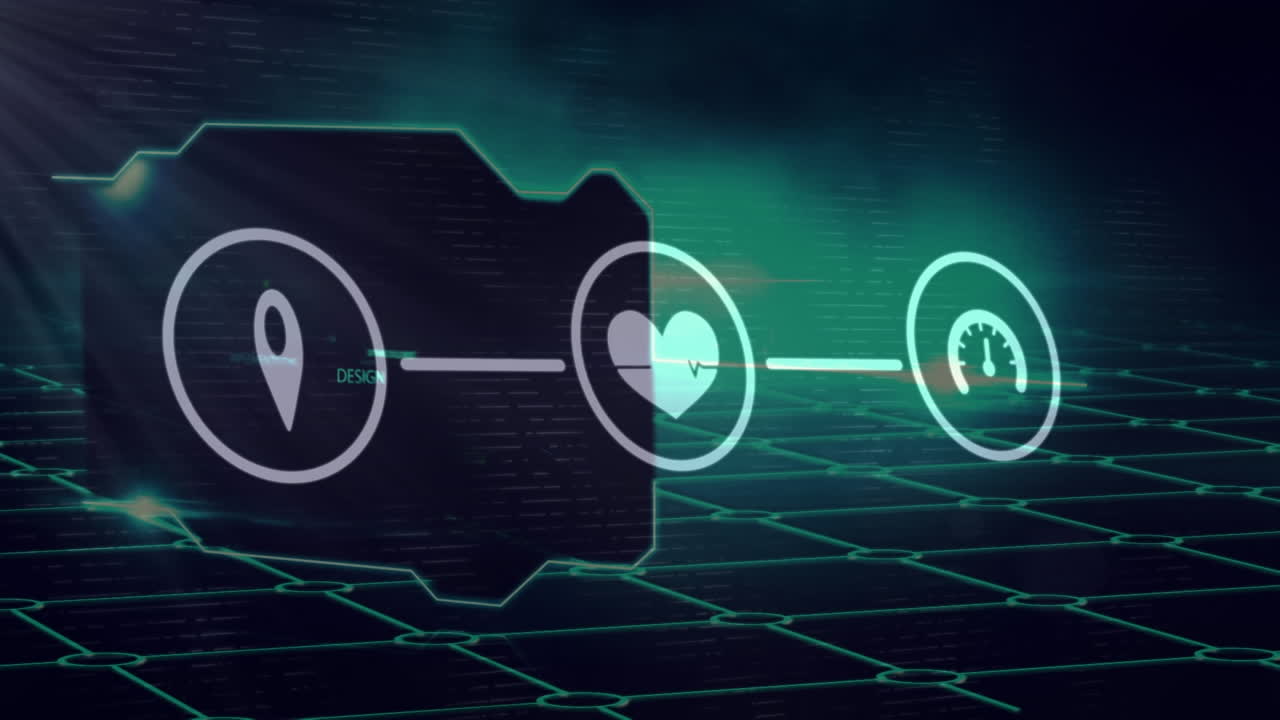 검은색 배경에 디지털 데이터 처리 및 보안 아이콘의 애니메이션