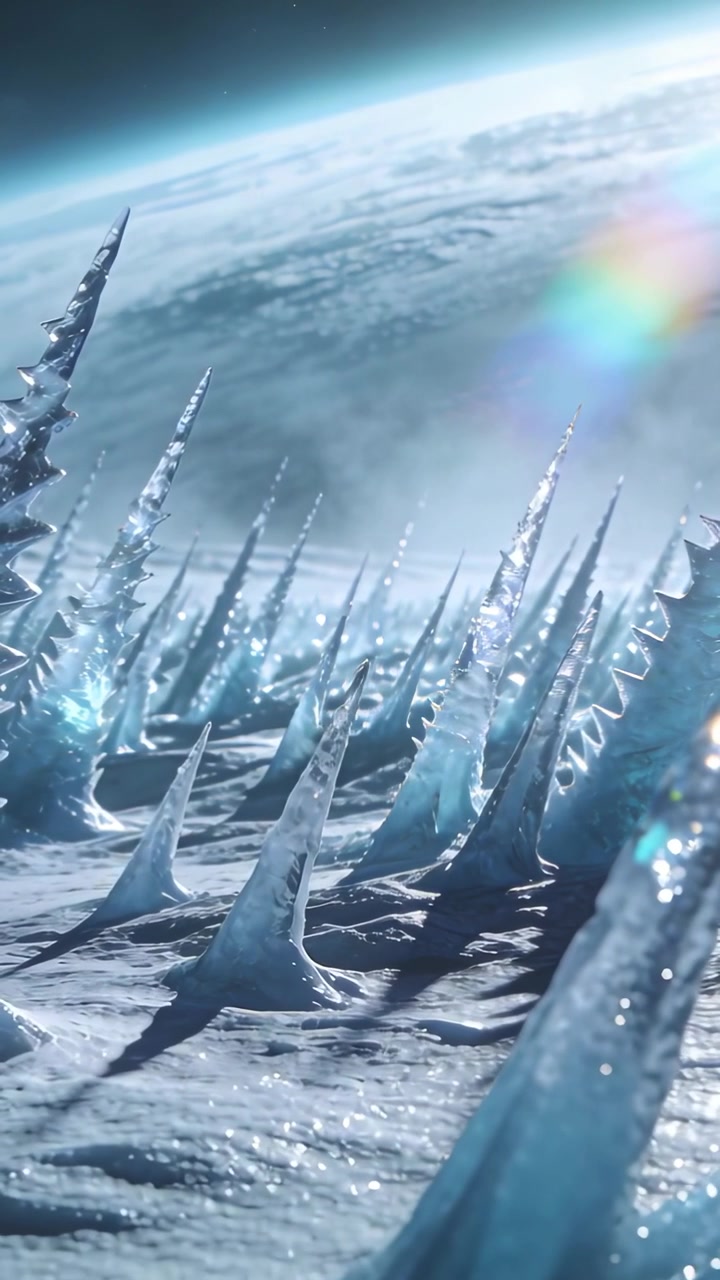 Vertical video: Panning camera revealing jagged ice spires on moon, showing planet curve and flare