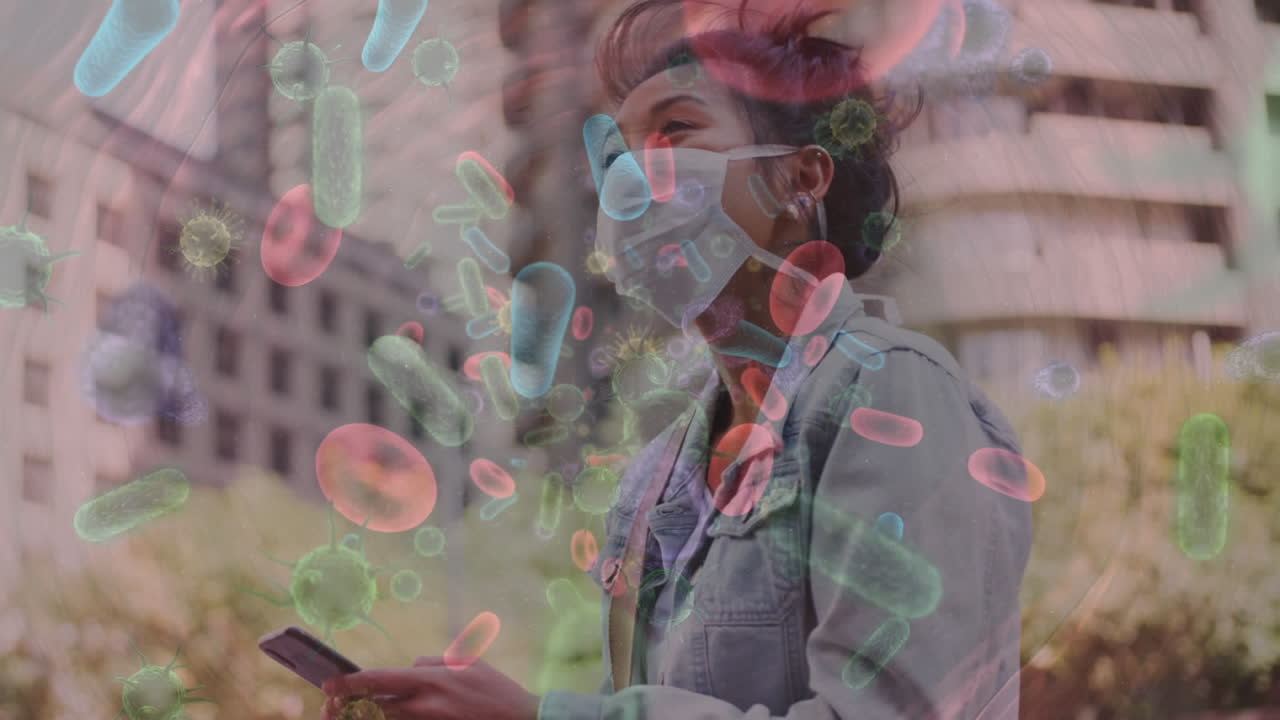 animación de células de covid-19 que se mueven sobre una mujer con máscara facial