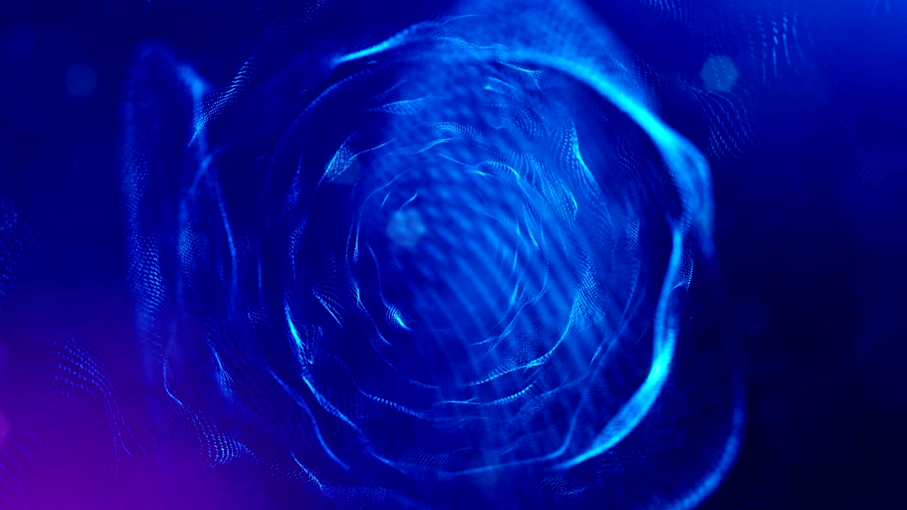 3d loop animation as science fiction background of glowing particles with depth of field and bokeh for vj loop. Particles form line and surface grid. V9 blue spheres