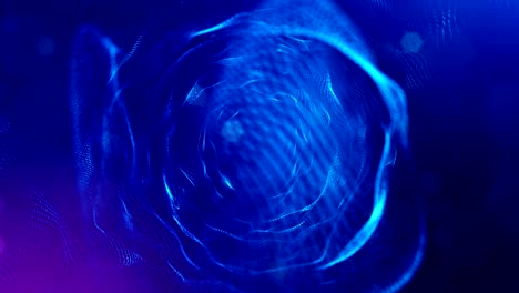 animación de bucle 3d como fondo de ciencia ficción de partículas brillantes con profundidad de campo y bokeh para bucle vj. las partículas forman línea y cuadrícula de superficie. esferas azules v9