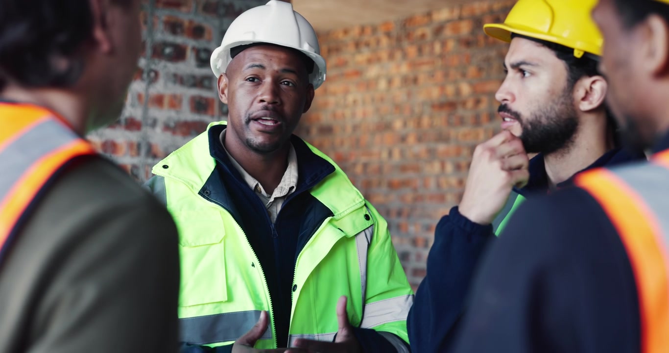 Construction Workers Discussing Project Plans at Building Site