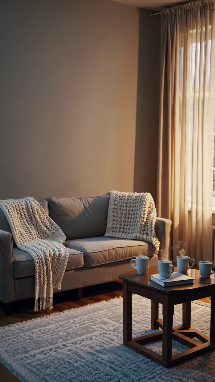 Cozy living room with a soft, warm ambiance. Shot from a low angle, perfect for a home decor video