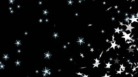 animación de estrellas de navidad y copos de nieve cayendo sobre un fondo negro