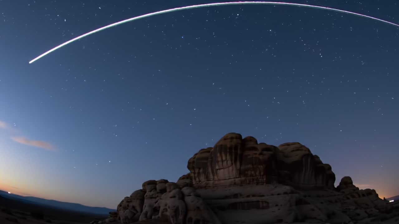 Majestic Night Sky: A Stunning Time-lapse of Celestial Trails Over Majestic Rock Formations at Dusk with a Dazzling Starry Background
