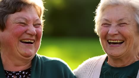 two elderly women sharing a heartfelt moment of joy and laughter in a lush green outdoor setting, celebrating life's simple pleasures together