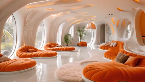 futuristic living room with organic architecture and orange sofas