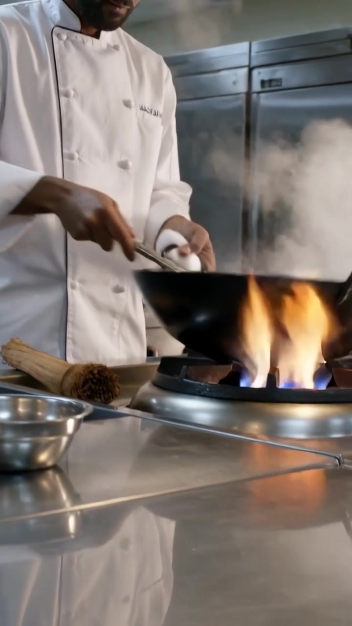 Video verticale: Chef indaffarato in giacca che controlla la fiamma del gas per rosolare ai fornelli della cucina, con wok.