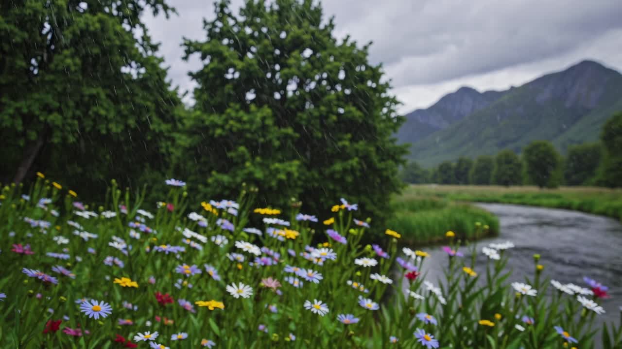A serene landscape video captures wildflowers in the foreground with a low-angle view