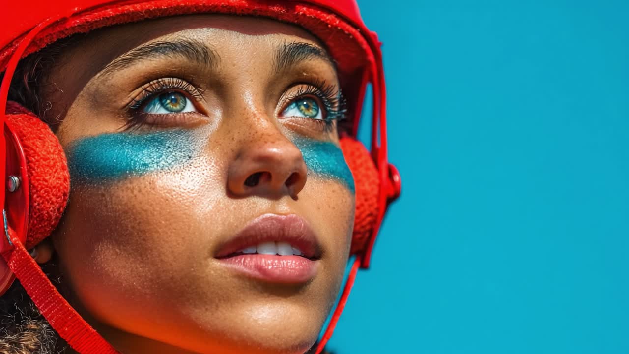 Atleta sicuro di sé con abbigliamento rosso sgargiante e volto dipinto di blu, immortalato su uno sfondo blu vivace, che mette in mostra determinazione e forza