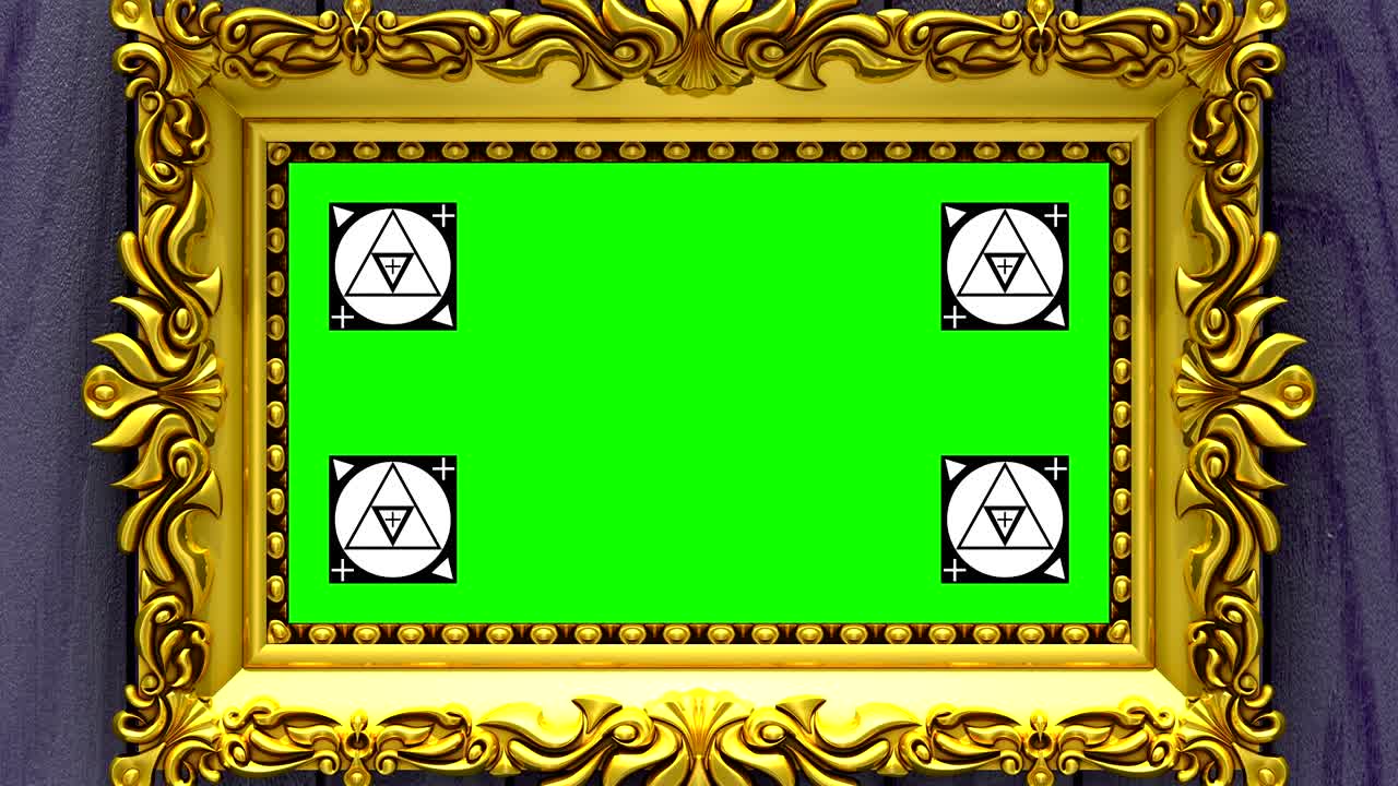 보라색 나무 배경에 금색 그림 프레임으로 카메라 을. 모션 추적 마커와 녹색 화면 포함. 3d 애니메이션.